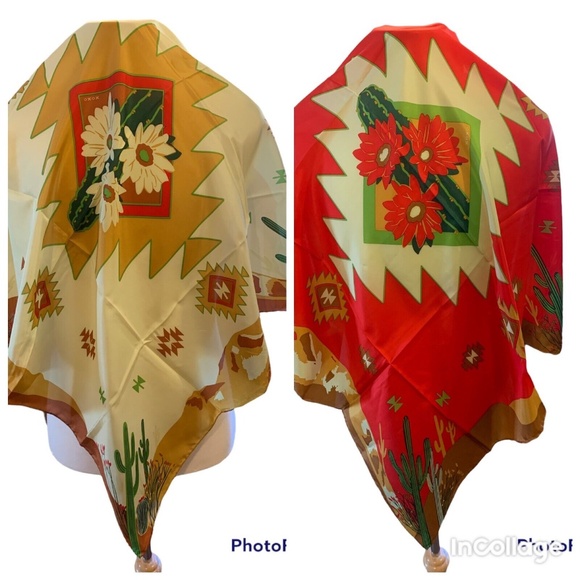 Wyoming Traders Wild Rag Southwest Cactus Print 100% Silk Western Scarf 34.5" - Picture 1 of 3